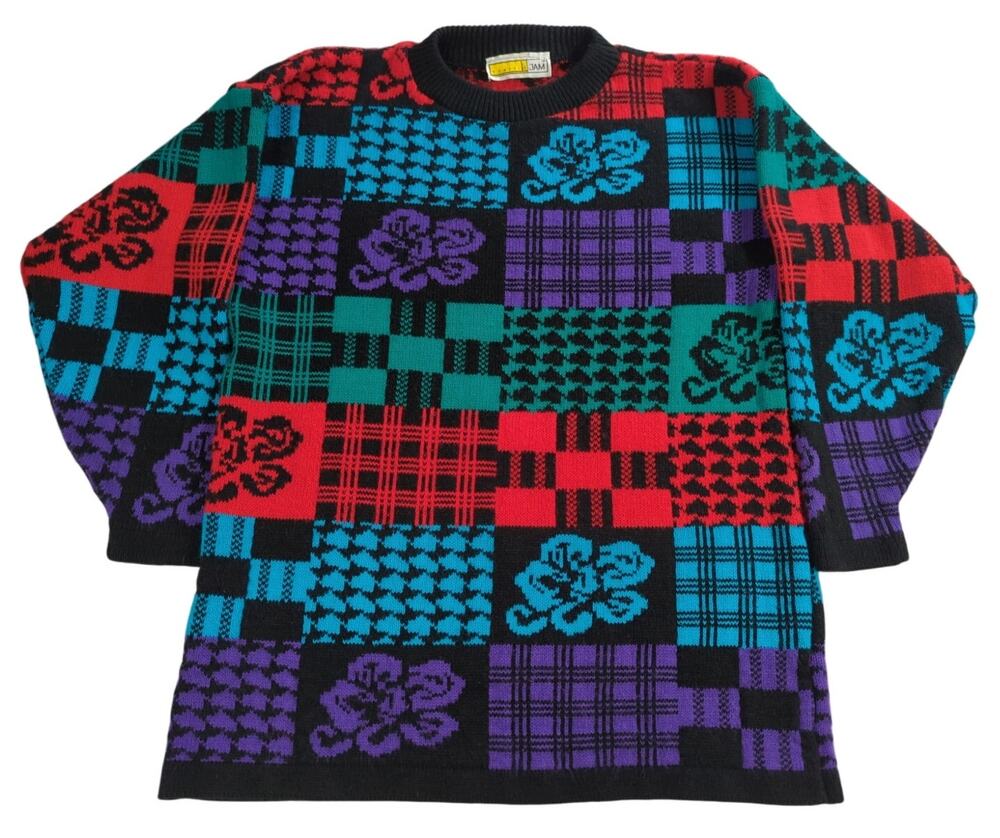 VTG Traffic Jam Sweater L Multicolor Patchwork Floral Geometric Knit 90s